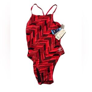 Speedo Vibrant Red and Black Patterned Swimsuit Size 8/34 New With Tags